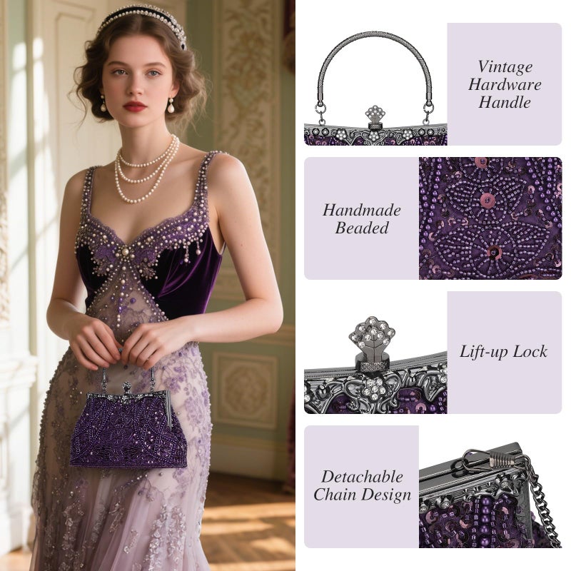 Selighting 1920s Vintage Beaded Clutch Evening Bags for Women Formal Bridal Wedding Clutch Purse Prom Cocktail Party Handbags Purple - Image 3